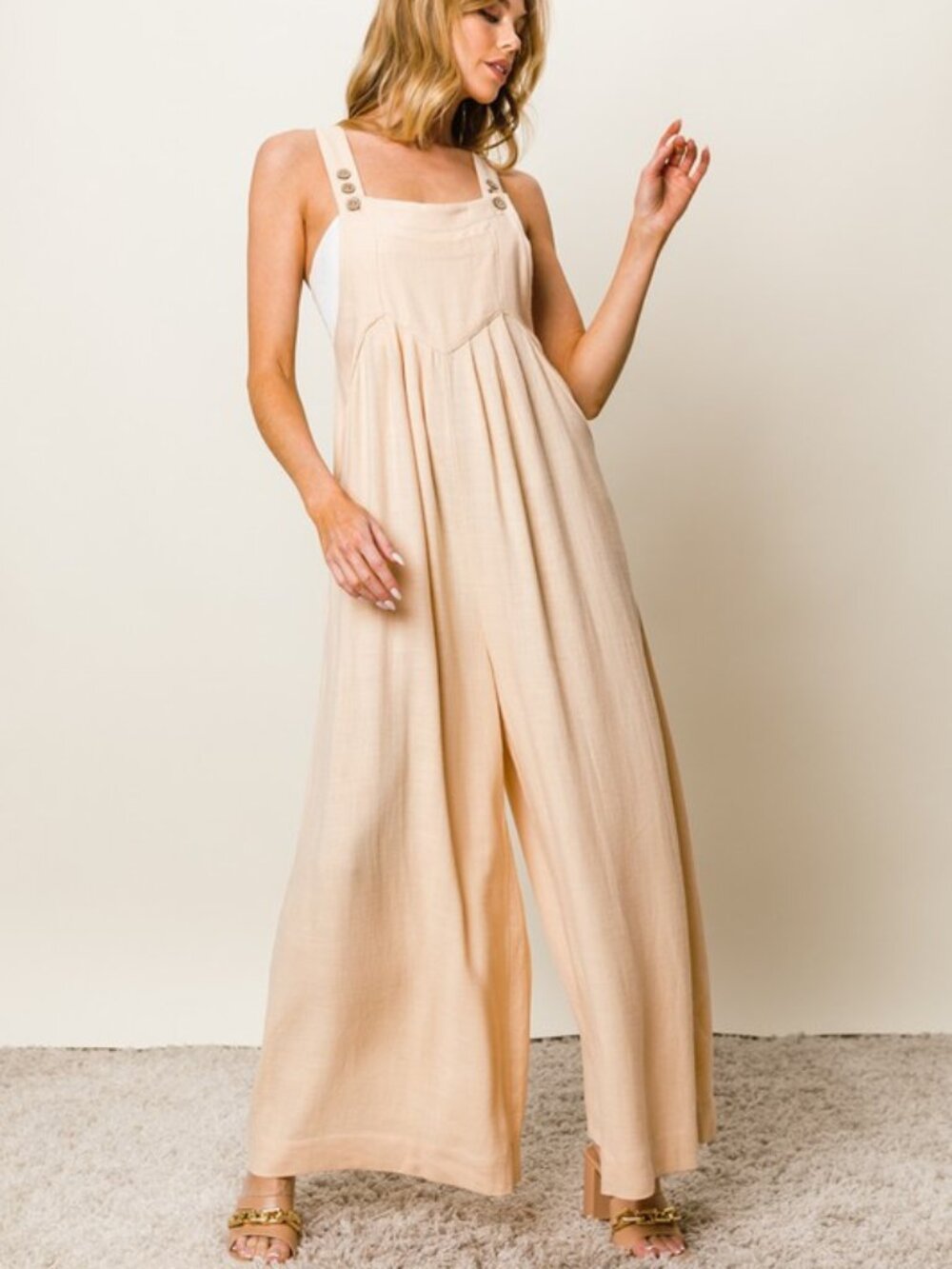 Oatmeal Color Boho Pleated Wide Leg Jumpsuit with Pockets